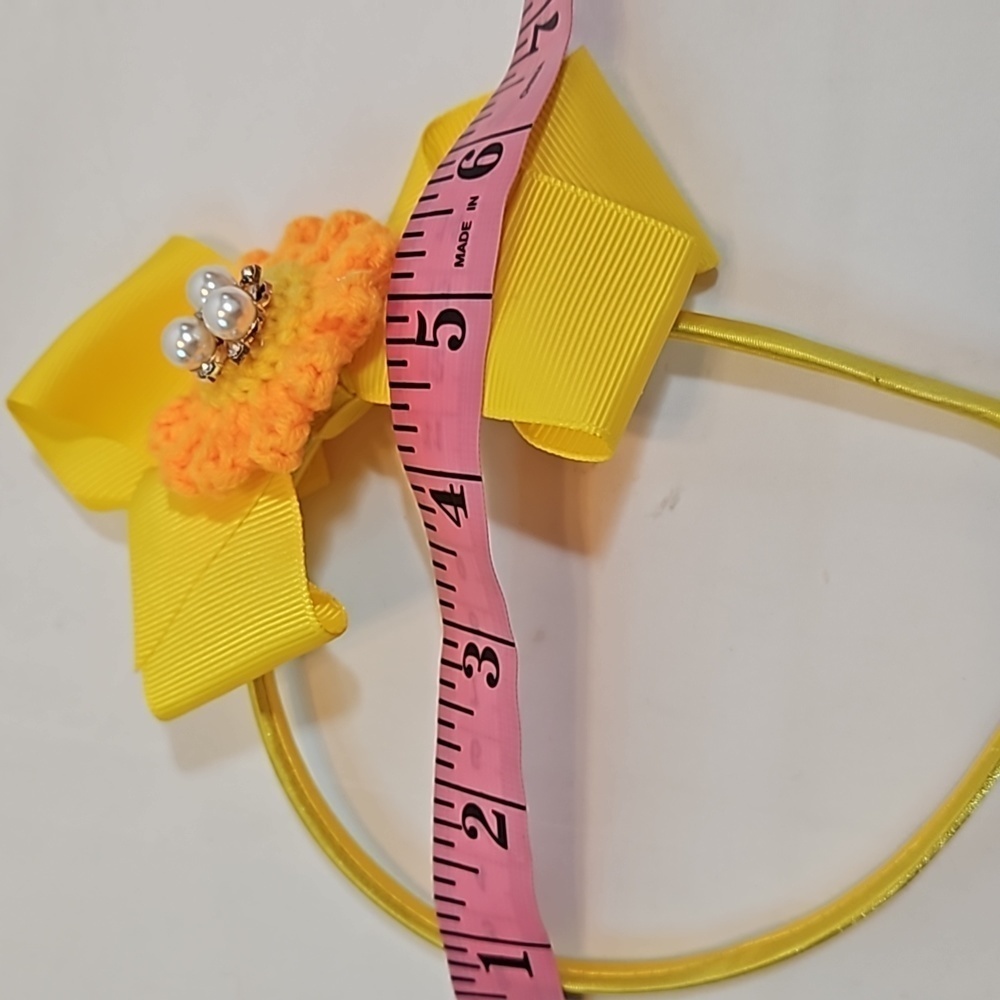 Hand Crafted yellow bow hairband hand  crochet flower faux pearls beads floral - Picture 16 of 17